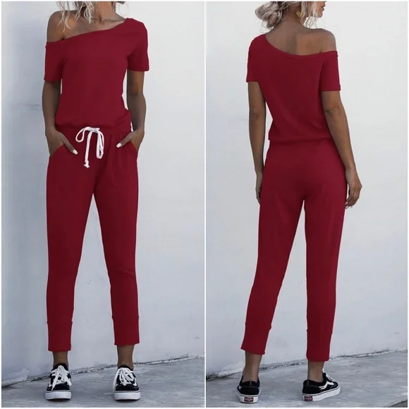 Comfy Black off shoulder waist tie pocket jumpsuit - Picture 8 of 9